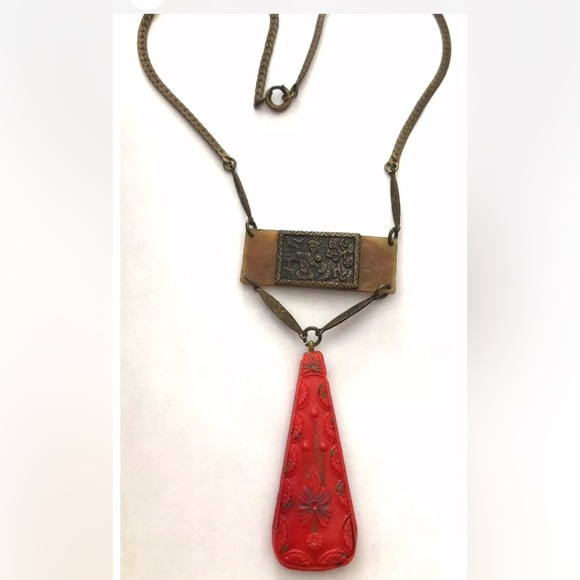 Jewelry - Antique Art Deco CZECH Red Glass Asian Necklace